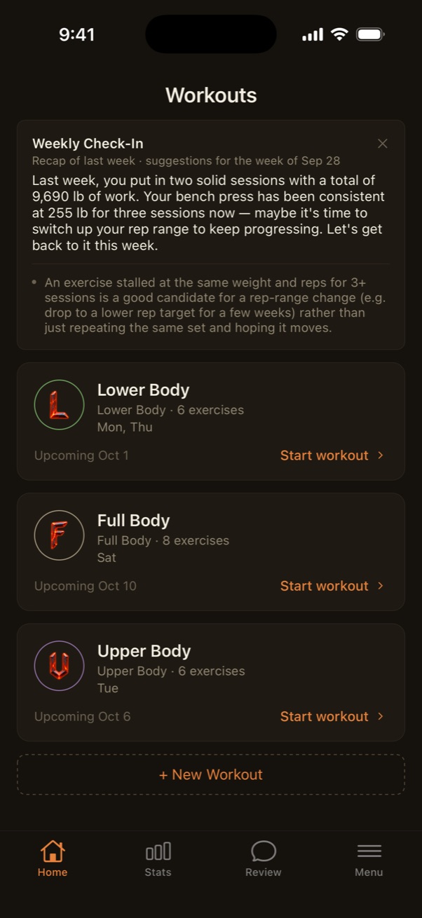 Home screen with the Weekly Check-In recap above the workout list