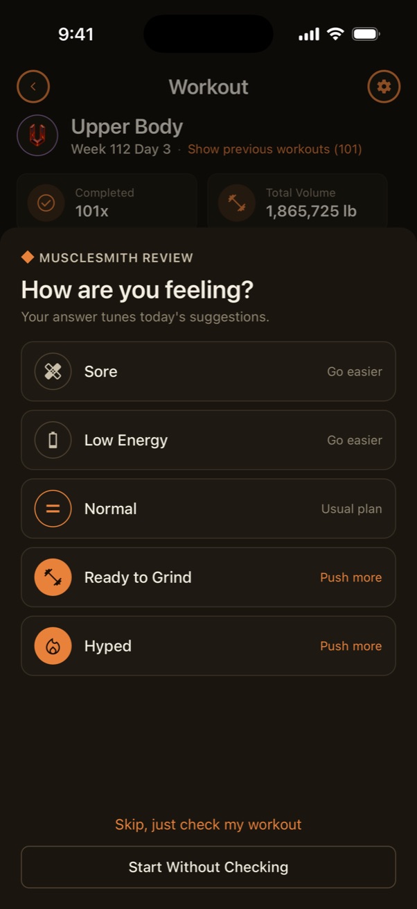 The review asking how you're feeling: Sore, Low Energy, Normal, Ready to Grind or Hyped