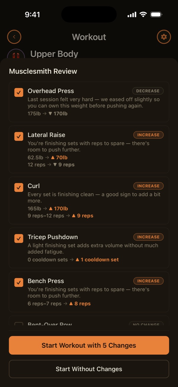 Muscle Smith's Workout Review: less weight on Overhead Press, more on Lateral Raise and Curl, a cooldown set for Tricep Pushdown